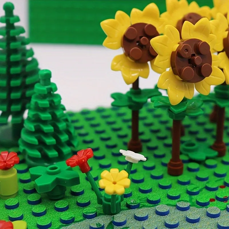 8er-Set DIY-Bausteine mit Sonnenblumenfeld, ABS-Material in verschiedenen Farben, kreatives Garten-Bauernhof-Szene, DIY-Ziegelspielzeug für Kinder – Detail 1