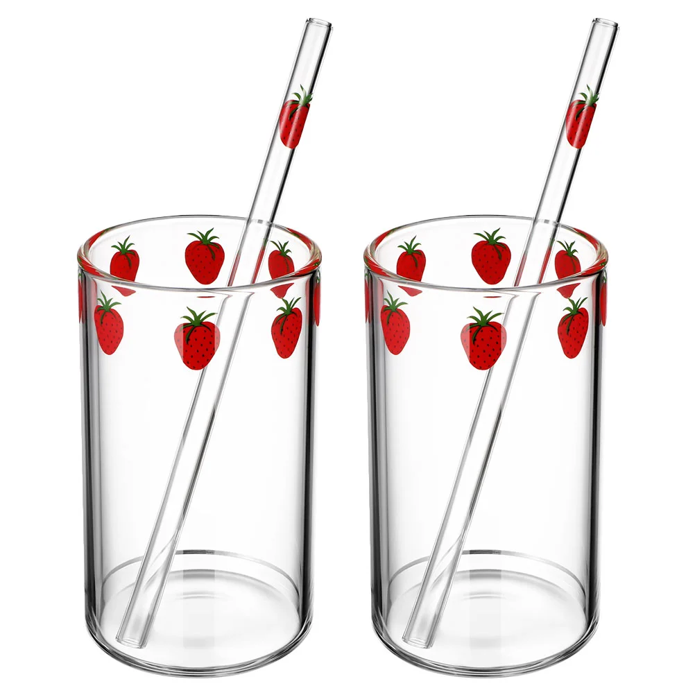

Glass Strawberry Cups Straws Clear Water Tumbler Kawaii Cup Cute Drinking Glasses