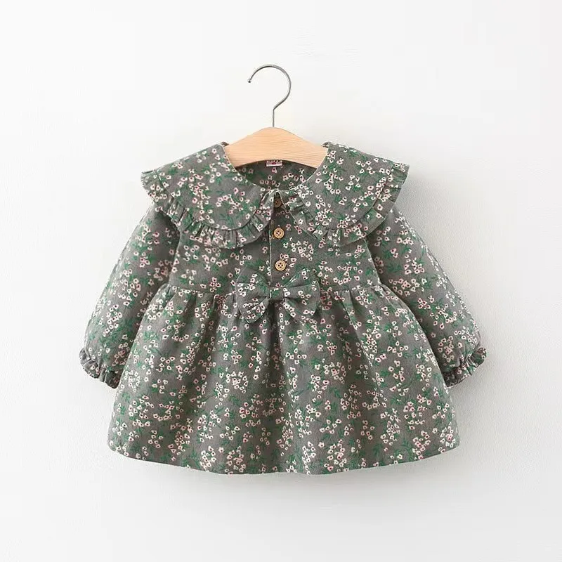 

New Girls One Piece Spring Autumn Full Sleeve Soft Bow Flower Sweet Lovely Outdoor Fashion Turn-down Collar