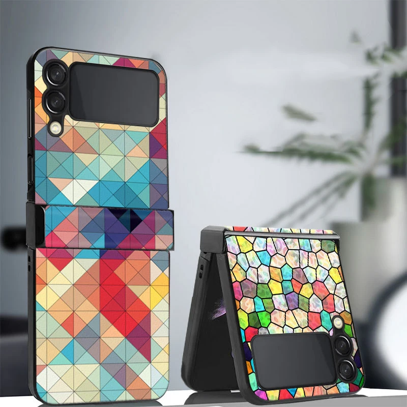 

Z Flip 3 Funda Case for Samsung Galaxy Z Flip 3 Z Flip 4 Multicolor Squares Diamond Pattern Hinge PU Protection Phone Case Cover