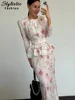Elegant Print Skirts Set Women With Belt O-neck Puff Sleeve Single Breast Top Slim Hip Package Midi Skirt 2025 Office Lady Suit 1