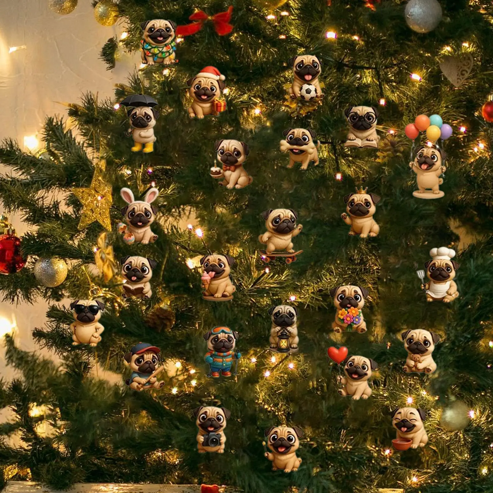 Pug Christmas Advent 2025 24 Days 2D Acrylic Dog Seasonal Decor Pug Tree Ornament Countdown Calendar for Home Kids Adults Dog