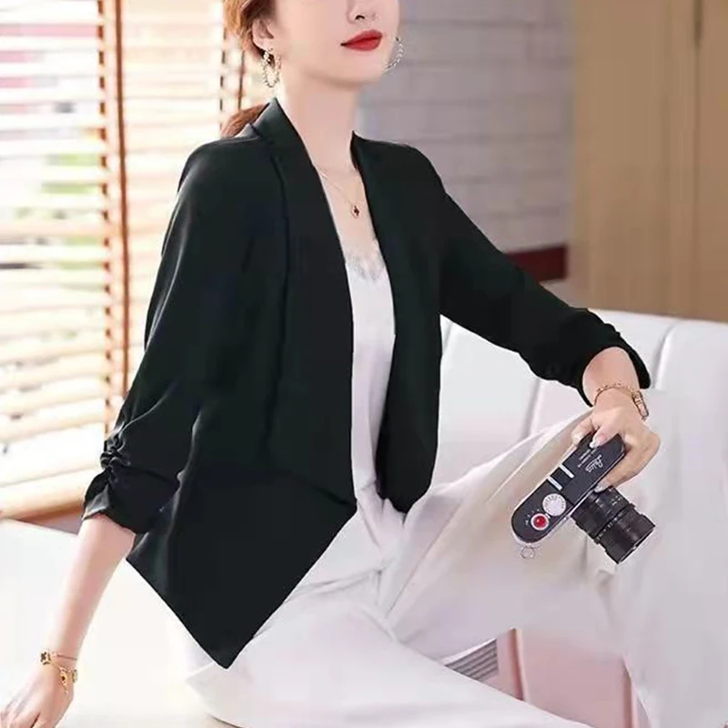 Spring Summer Korean Fashion Elegant 3/4 Sleeve Blazers Top Ladies Slim Shirring Solid Color Casual Suit Coat Women's Clothing