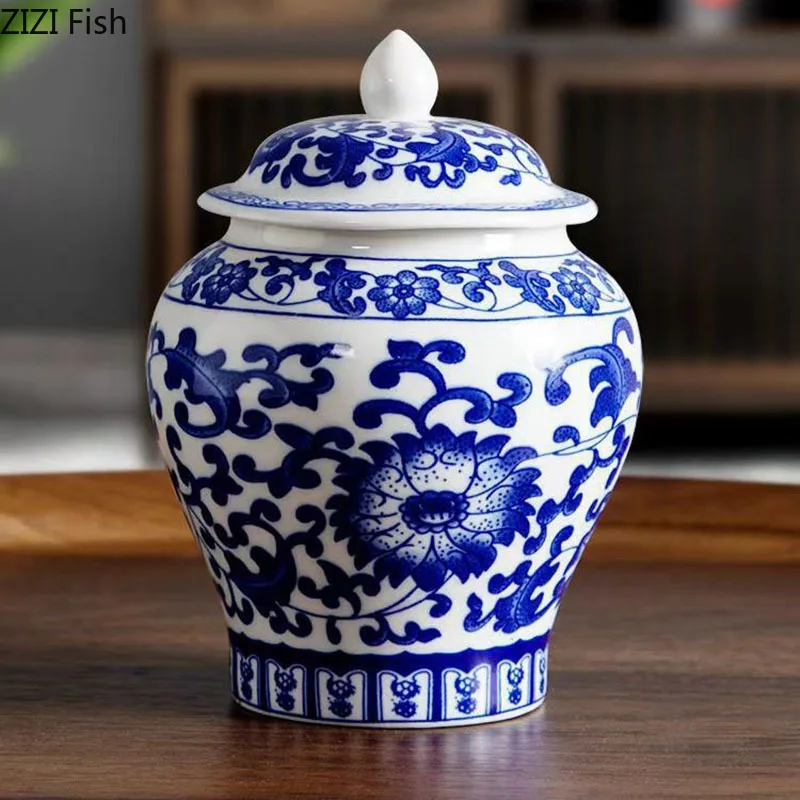 Blue and White Porcelain General Jar Tea Canister Sealed Ceramic Storage Jar with Lid Desk Decoration Candy Pots Tea Caddy tea canister