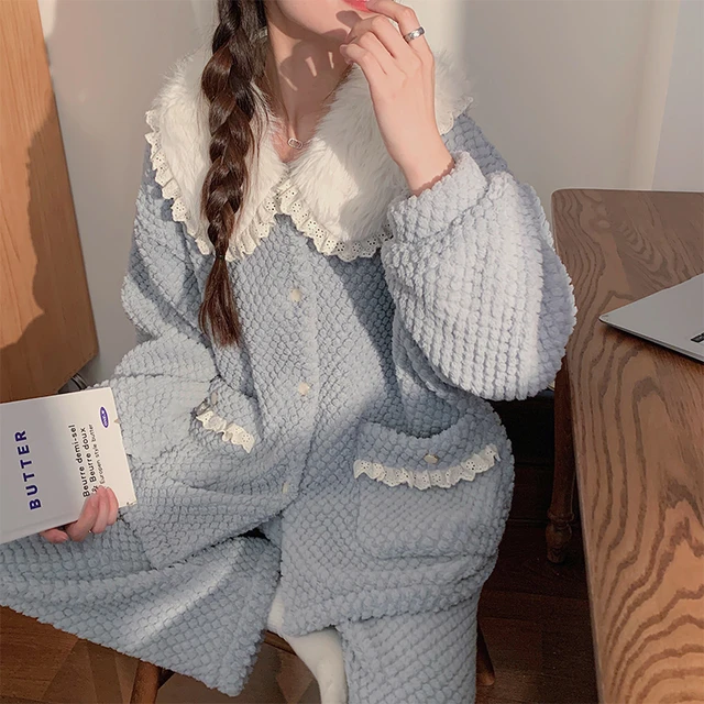 Winter Warm Flannel Women Pyjamas Sets Thick Coral Pijamas Women