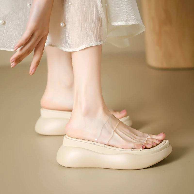 High Heels Women's Transparent Slippers Skateboard Sliding Low Fashion Platform 2025 Luxury Fabric Scandal Rubber Pu Pump 2