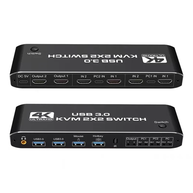 2x2 KVM Switch 4K 60Hz Dual Monitor KVM Extended Display USB KVM Switcher 2 in 2 out for 2 Computers Share 2 Monitors 6
