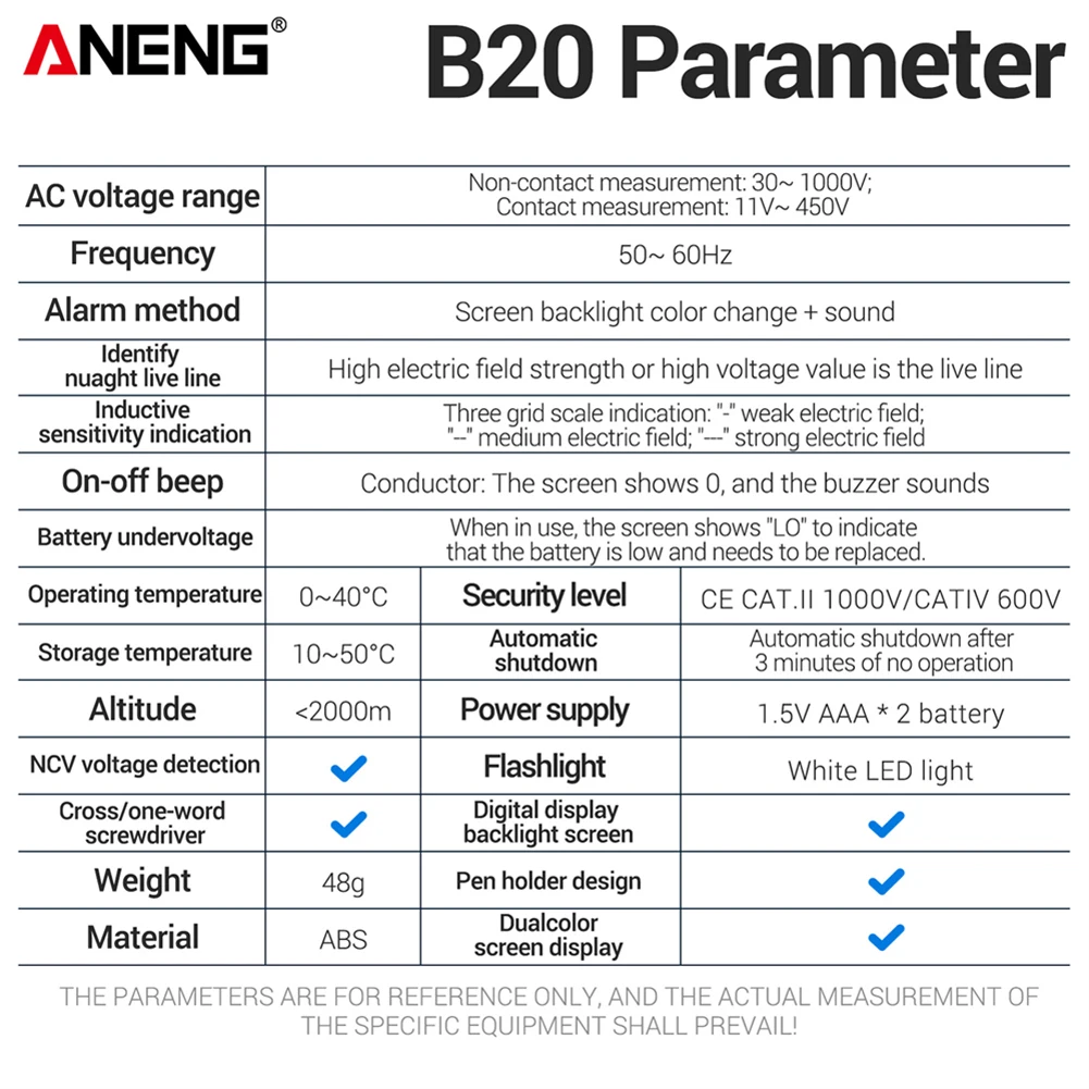 ANENG B20 전압 스크루 드라이버 AC 전압 감지 펜 LCD 디스플레이가있는 비접촉 크로스 스크루 드라이버 디지털 전압 테스터 펜