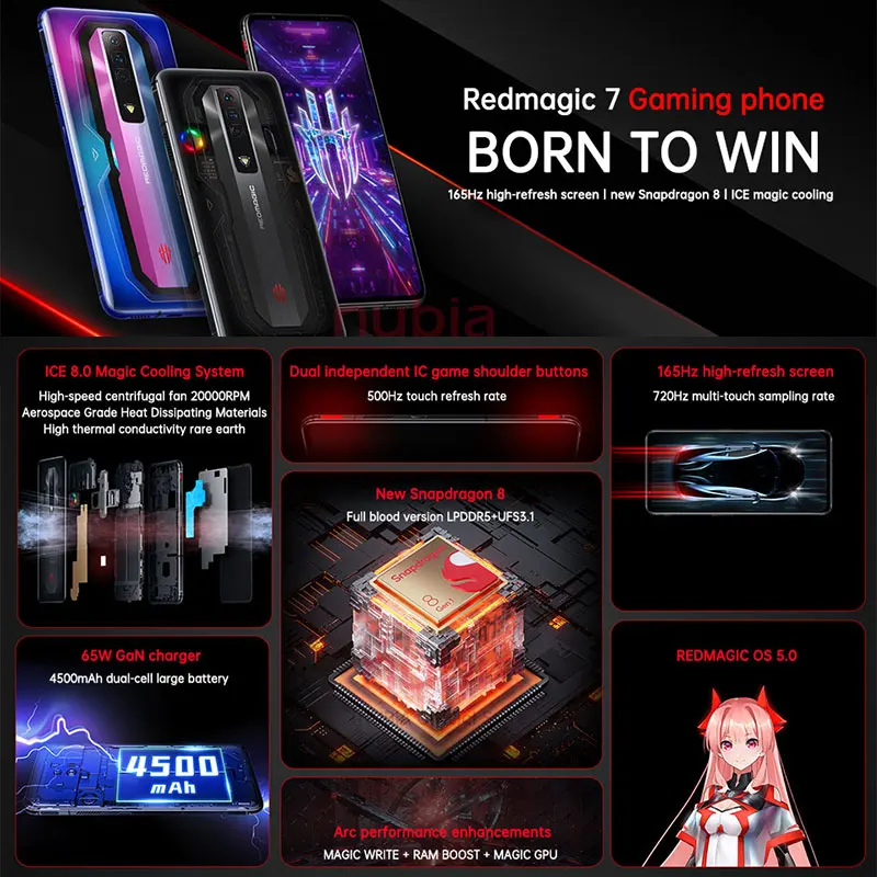  REDMAGIC 7 165Hz Gaming Phone with 6.8 Screen and 64MP Camera,  5G Android Smartphone with Snapdragon 8 Gen 1 and 18GB+256GB, 4500mAh  Battery and US Version Factory Unlocked Cell Phone Transparent 