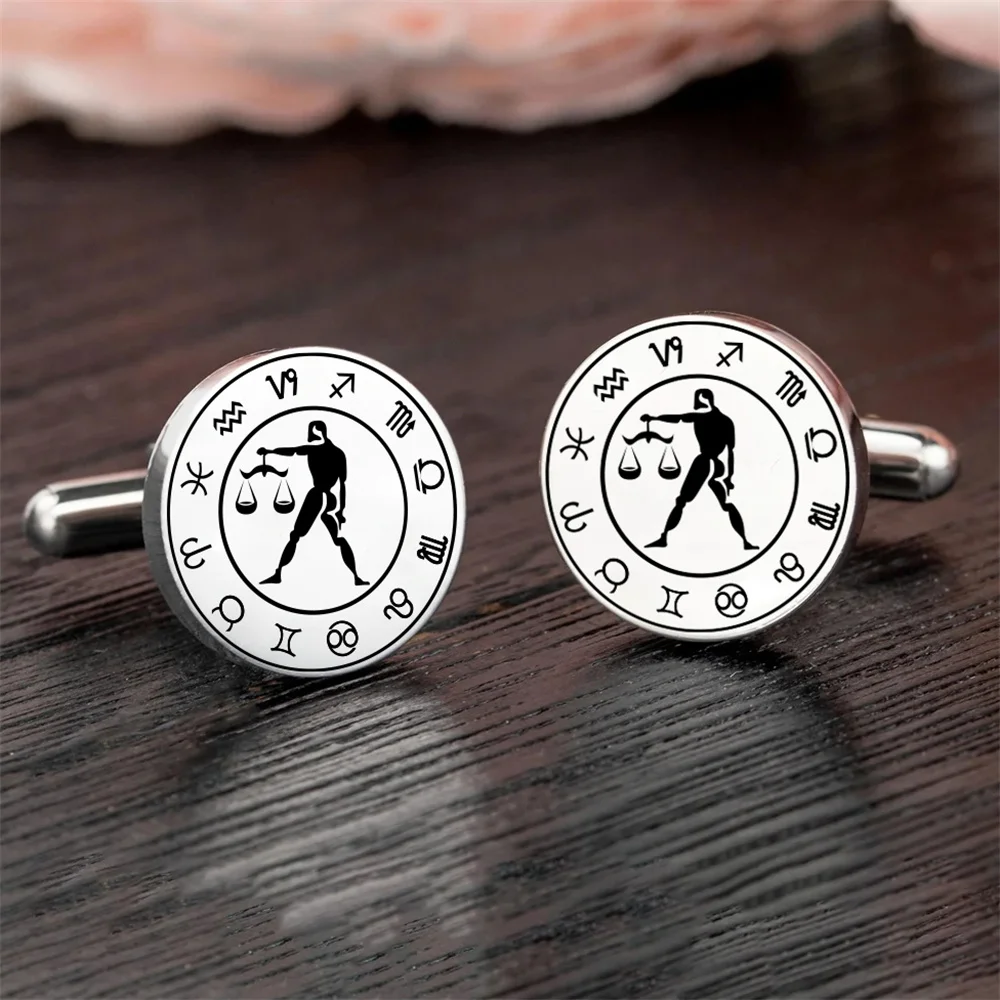 

Fashion Stainless Steel Round Cufflinks Men's Engraved Libra Sign Cufflinks Shirt Suit Button Wedding Jewelry for Groom
