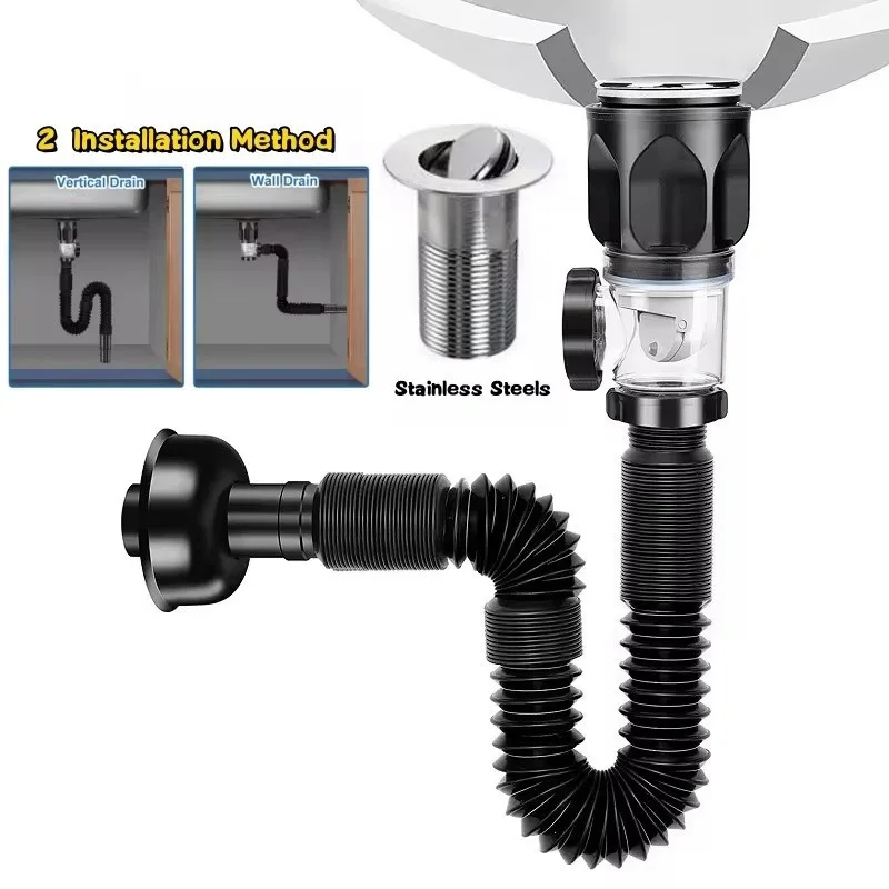 Stainless Flip-Top Kitchen Sink Drain Retractable Deodorizing Filter Flexible Downspout Washbasin Bathroom Sink Anti Clogging