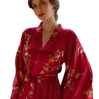 Luxury Burgundy Kimono Robe Women Wedding Bride Bathrobe Sexy Bronzing Flower Morning Dressing Gown Elegant Sleepwear Nightgown - Image 4