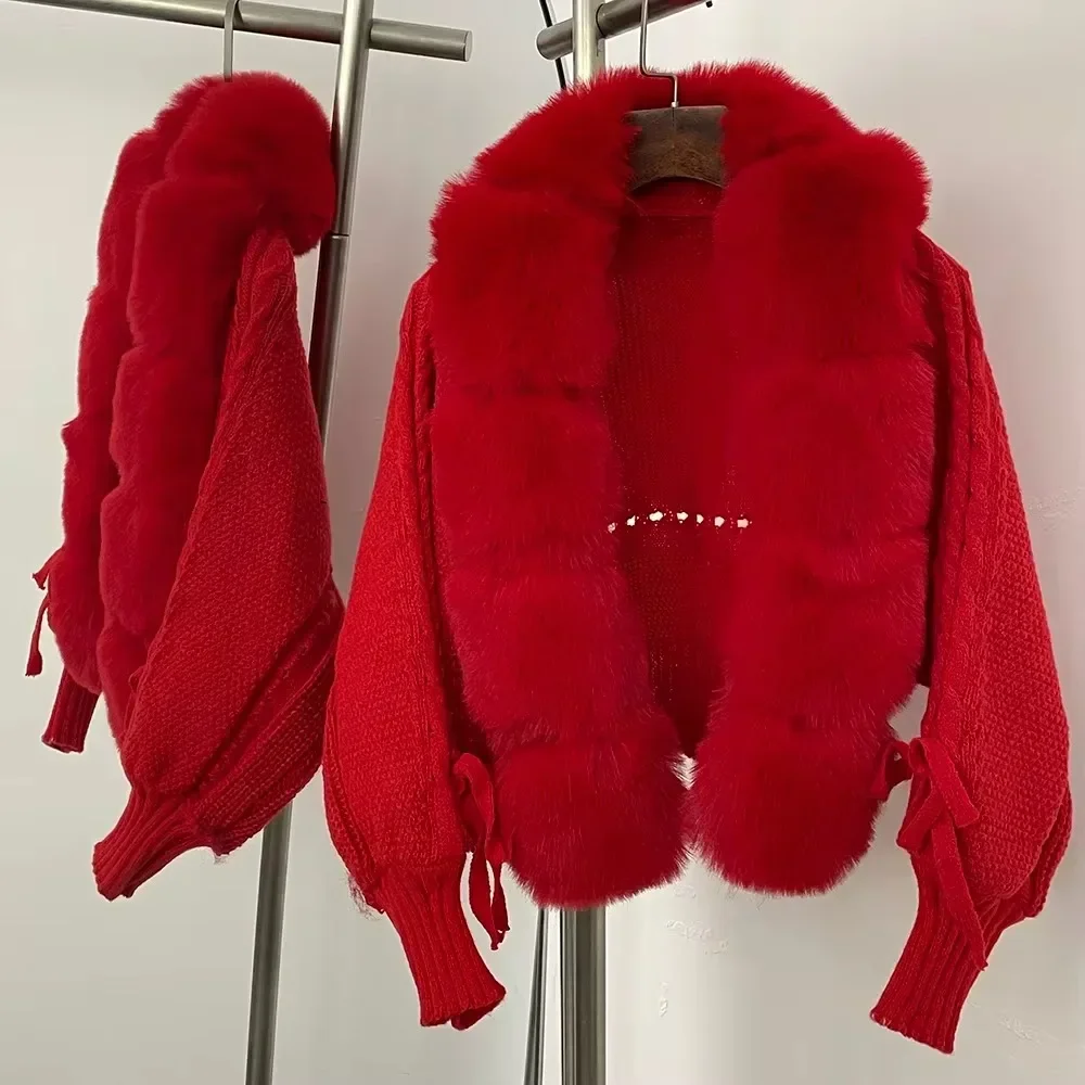 Knitwear Faux Fur Coat Fake Fur Jacket Knitted Solid Sweater Women Spring Autumn Cropped Cardigan Sweater Female Short Fur - 2