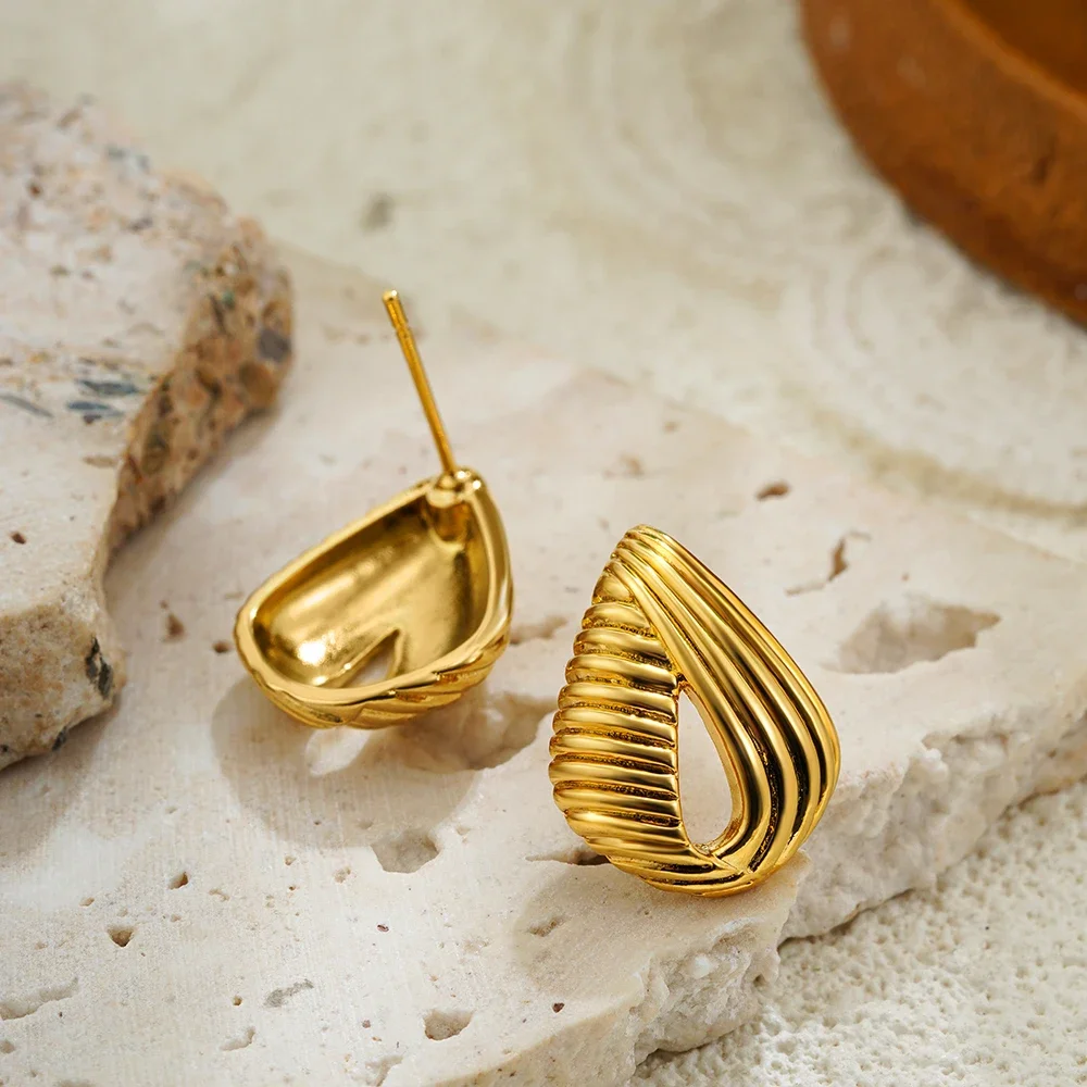 2025 New Fashion Striped Texture Hollow Teardrop Earrings 18K Gold Plated Hypoallergenic Water Droplet Ear Studs Jewelry Gifts