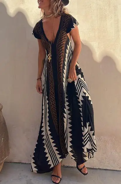 

Fashion Street Casual Literary Retro V-Neck Open Back Dress Summer Outfit 2023 New Sexy Retro Printed Dress Bohemian Beach Dress