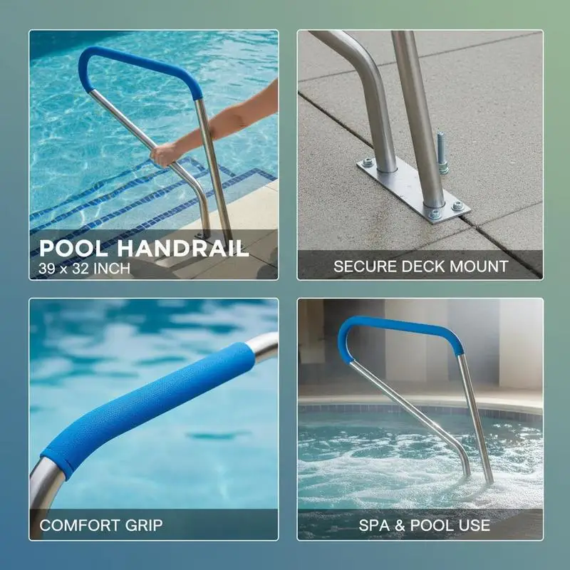 Corrimano per piscina, 990 x 100 x 812 mm, ingresso piscina, acciaio inossidabile con piastra di base per piscine interne/esterne, supporto per l'accesso alle piscine, maniglia antiruggine con coprimaniglia e accessori per spa - immagine 5