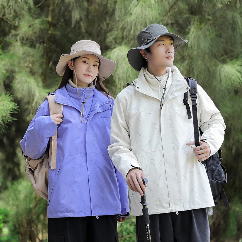 Hooded Patchwork Outdoor Fleece Jacket Men Winter Couple Two-Piece Detachable Jacket Waterproof Windproof Mountaineering Coat