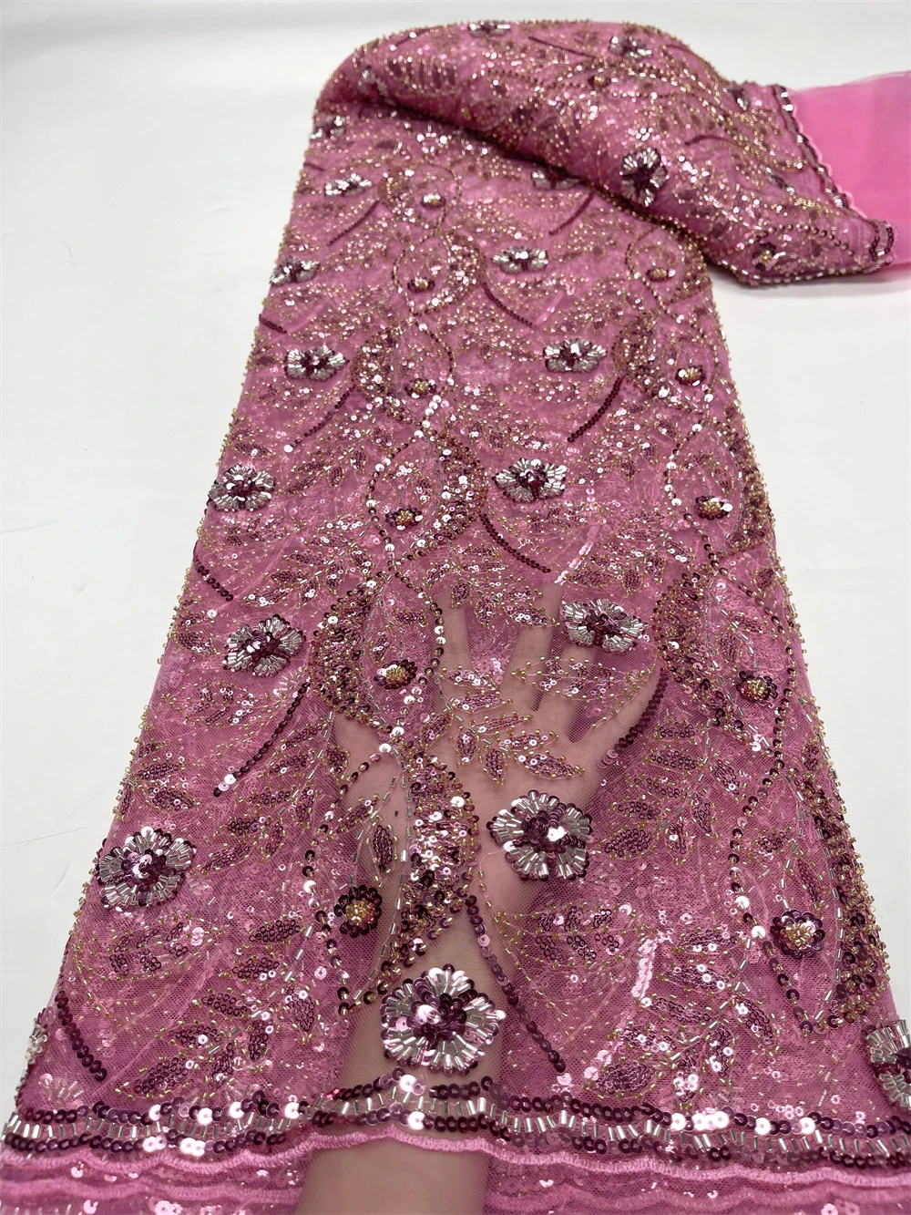 

African Nigerian 2023 Latest High Quality Sequins Tulle Lace Fabric Sewing Guipure Beads Stone Embroidery Dresses 5yards Jy240
