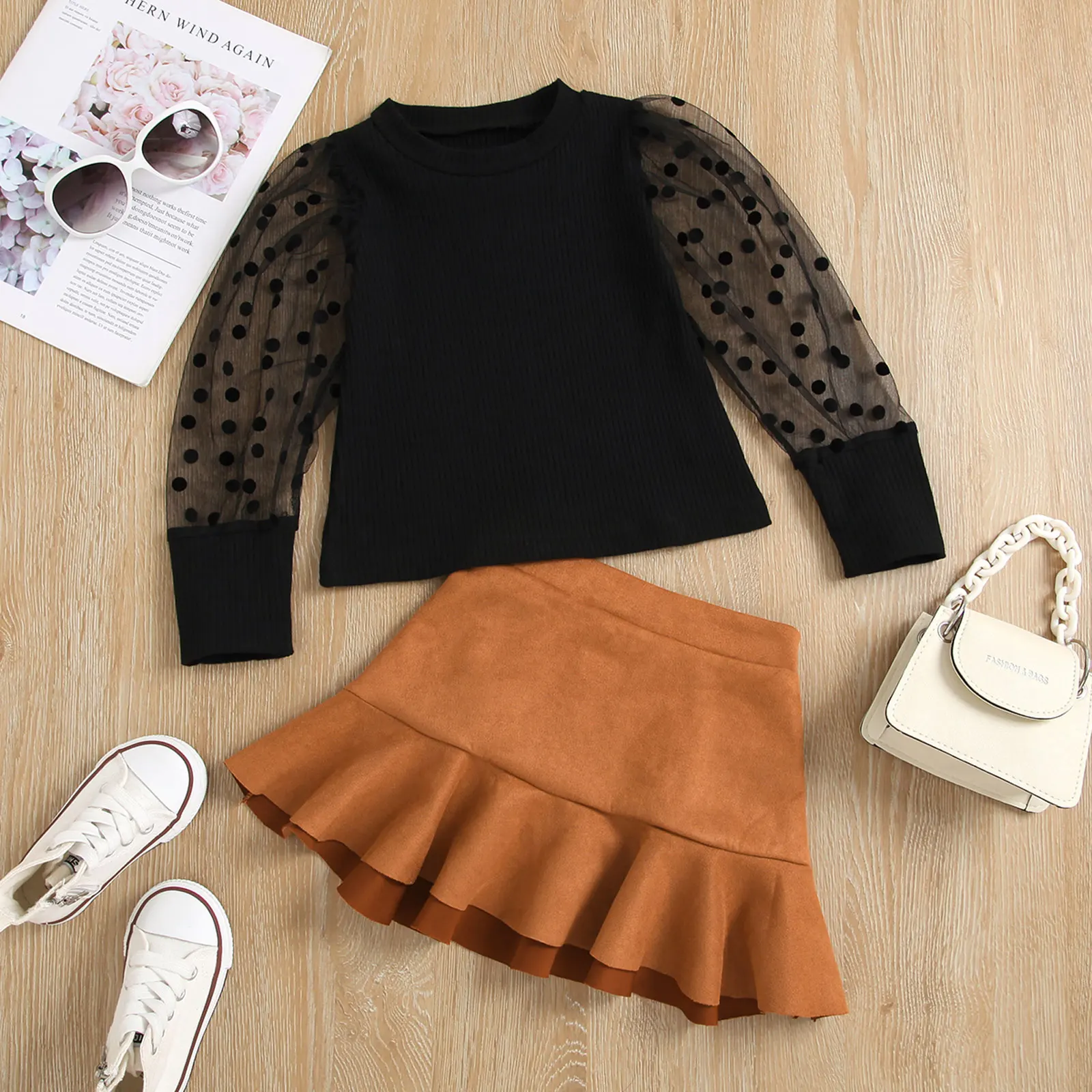 

2Pcs Little Girls Outfit Toddlers Creative Mesh Splicing Dot Long Sleeve Round Collar Tops + Solid Color Flouncing Bust Skirt