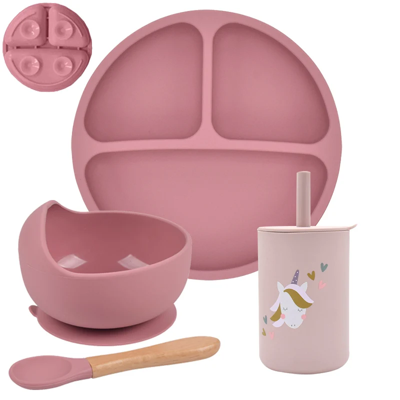 

4Pcs Baby Silicone Divided Plate Bowl Cup Spoon Set Bpa Free Baby Folding Non-slip Dishe Portable Feeding Tableware for Children