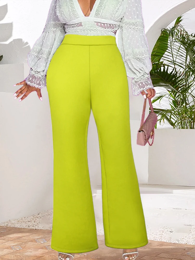 Pantalones de pierna ancha para mujer, pantalón elegante de alta, color verde brillante, Ropa Trabajo, para fiesta, Otoño e Invierno - AliExpress Ropa de mujer