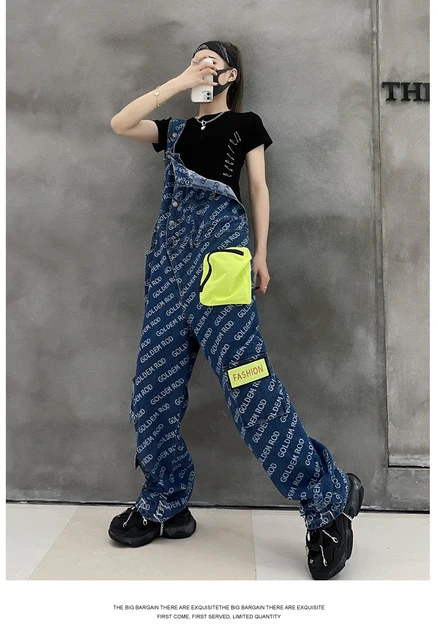 Women Baggy One Piece Outfits Suspender Pants for Women 2022 Spring New  Loose Zipper Letter Printed Wide Leg Ladies Jumpsuit - AliExpress