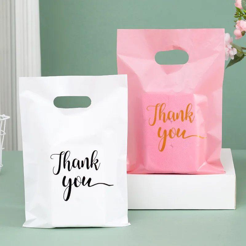 100 Bolsas De Regalo De Plástico Beige 15x20 Cm - Con Asas, Impresas Thank You, Para Pequeños Detalles