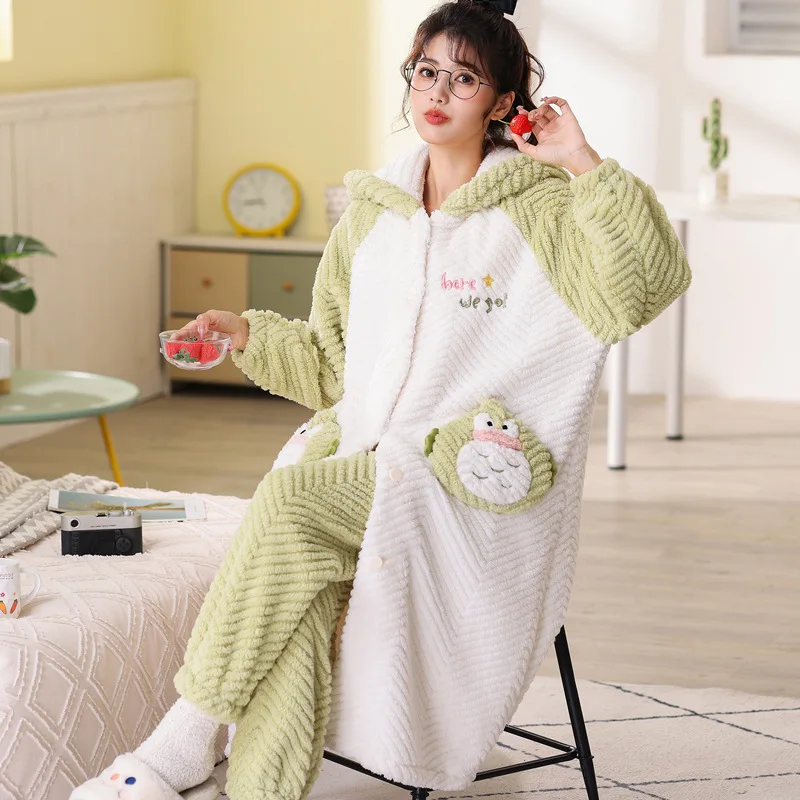 Winter Flannel Pajamas Sets For Women Cartoon Sweet Pyjamas Animal Cosplay Hooded Nightgown Suit Thicken Warm Sleepwear Homewear