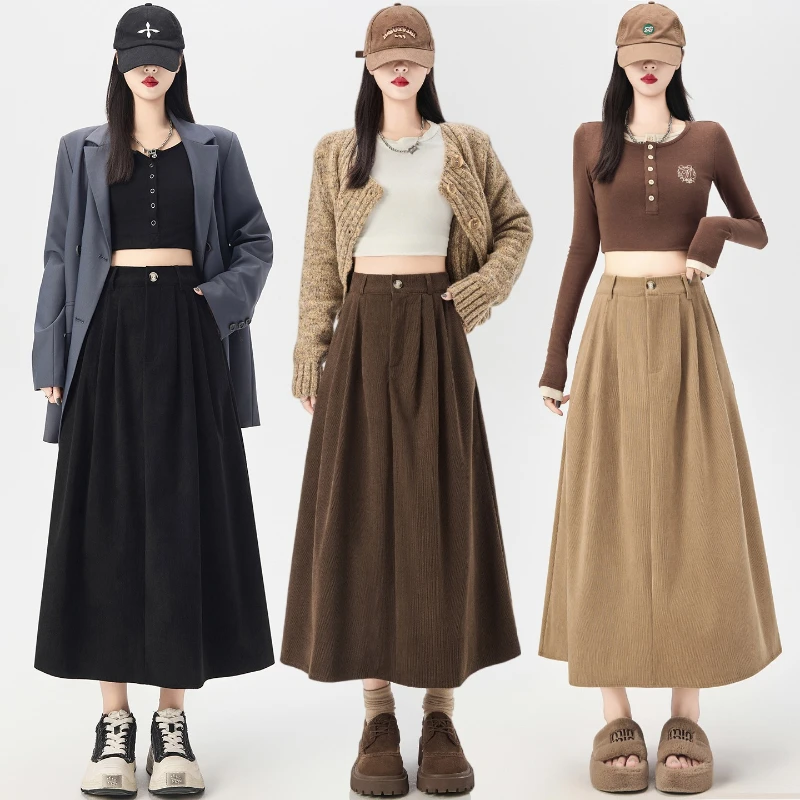 Vintage Corduroy Mid-length Skirt Fall Winter 2025 Classic High-waisted A-line Skirt Female Black Coffee Streetwear Faldas 1