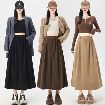 Vintage Corduroy Mid-length Skirt Fall Winter 2025 Classic High-waisted A-line Skirt Female Black Coffee Streetwear Faldas 1