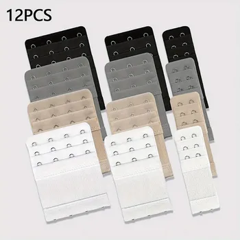 12 estensori per reggiseno regolabili - Design a 2/3/4 ganci, tessuto morbido elasticizzato, adatto per reggiseni, canottiere, costumi da bagno - Multicolor (nero/grigio/beige/bianco) - Cinghia di estensione per biancheria intima da donna per supporto e vestibilità duraturo