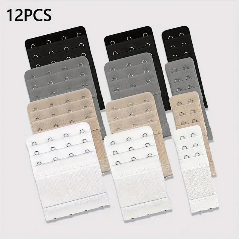 12 Adjustable Bra Extenders - 2/3/4 Hook Design, Soft Stretch Fabric, Suitable for Bras, Tanks, Swimsuits - Multicolor (Black/Gray/Beige/White) - Women's Underwear Extension Strap for Long-Lasting Support and Fit