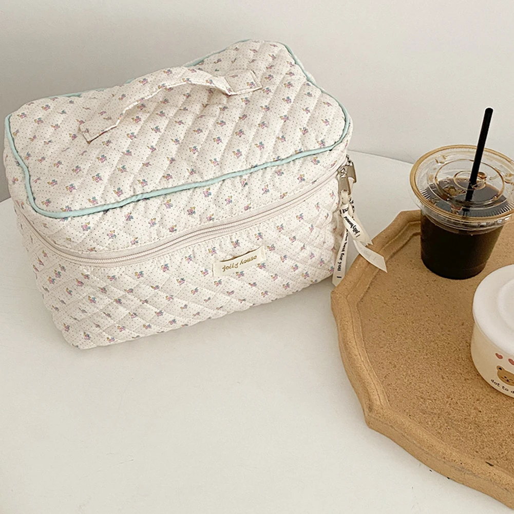 여성용 퀼트 화장품 파우치, 지퍼 보관 클러치, 코튼 꽃무늬 프린트 대용량, 여성 소녀 보관 가방 세트