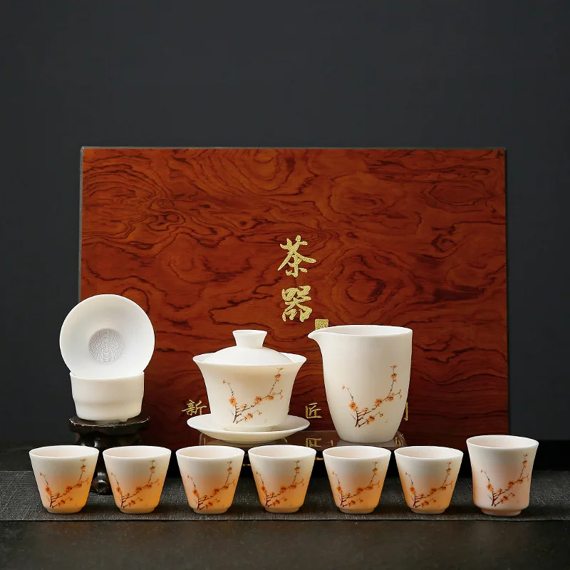 

Dehua Sushao Sheep Fat Jade White Porcelain Kung Fu Tea Set with Bowl Cover and Tea Cup Set, Office, Home, Business, Festival Gi