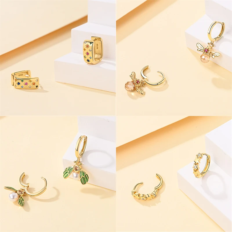 925 Silver Color Gold Pearl Bee Irregularity Star Moon Earrings For Women Trending Fashion Jewelry Birthday Gifts