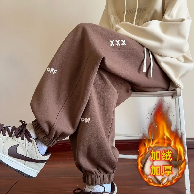 Winter Thickened Fleece Men's Pants Warm Casual Embroidery Letter Fleece Liner Thick Trousers Outdoor Thermal Warm Sweatpants 3