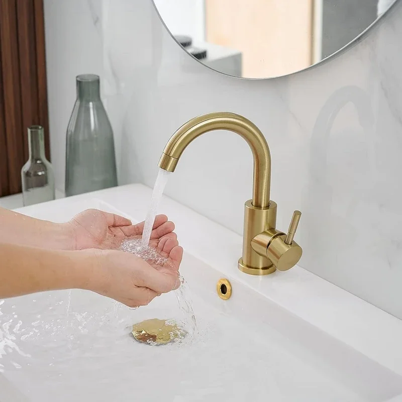 Modern Bathroom Basin Faucet Brushed Gold Lavotory Sink Tap 360 Degree Rotate Hot and Cold Water Mixer Tap Stainless Steel Crane