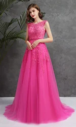 Hot Pink A Line Tulle Prom Dresses Sheer Scoop Neck Floor Length Gown Formal Evening Dress Wedding Party Dress Vestido De Festa