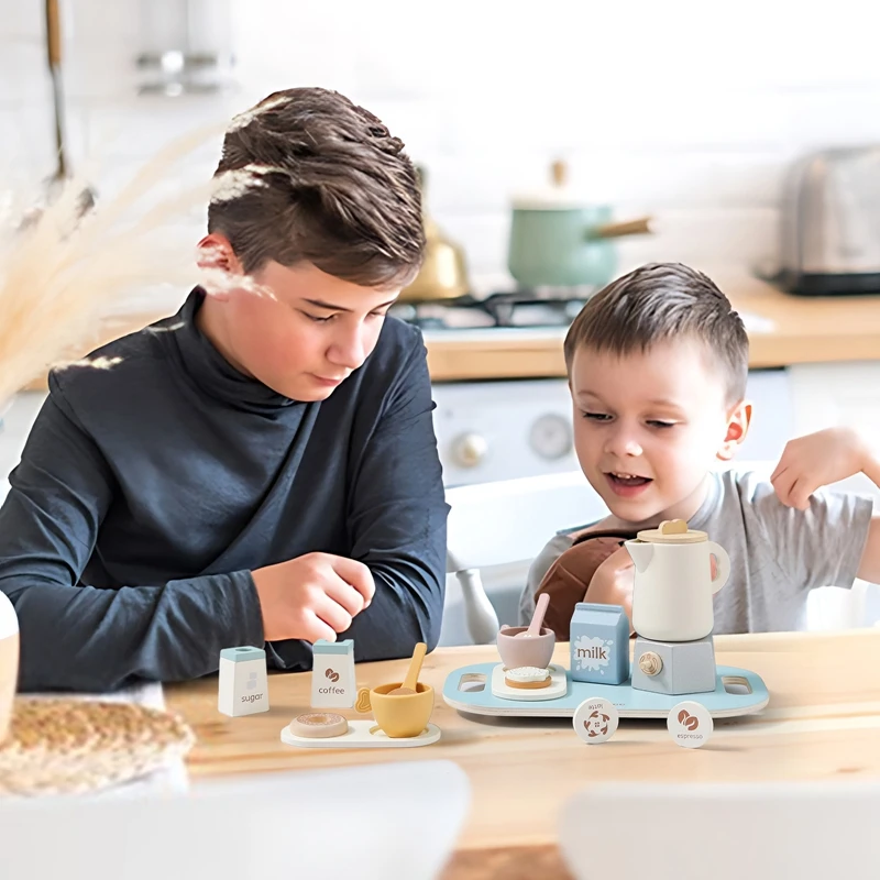 Wooden Afternoon Coffee/Tea Set Toy NO Bpa Pretend Play Food Learning Role Play Game Early Educational Toy for Toddlers Kid Gift 5
