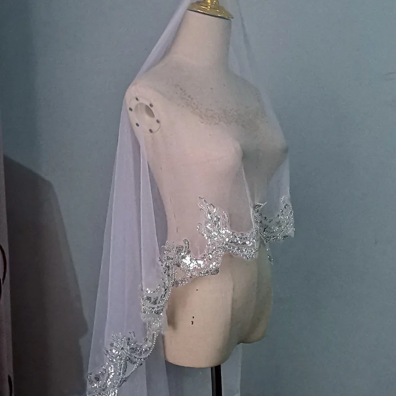 Sequin Full Lace Silver Edge Veil Bride Wedding 1.5 meters Wide Cathedral Wedding Accessories No Comb Custom Made Veil bridal veil catholic church veil
