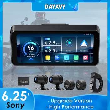 Motorcycle DVR 6.25 Inch Dash Cam Drive Recorder Carplay 2K Sony Dual Camera Front Rear TPMS Navigation Motorcycle Accessories
