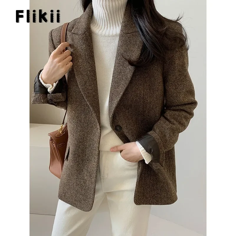 

Women Retro Office Lady Solid Color Long Sleeve Blazers 2023 Winter Vintage Casual Notched Collar Loose Fit Tailored Coat