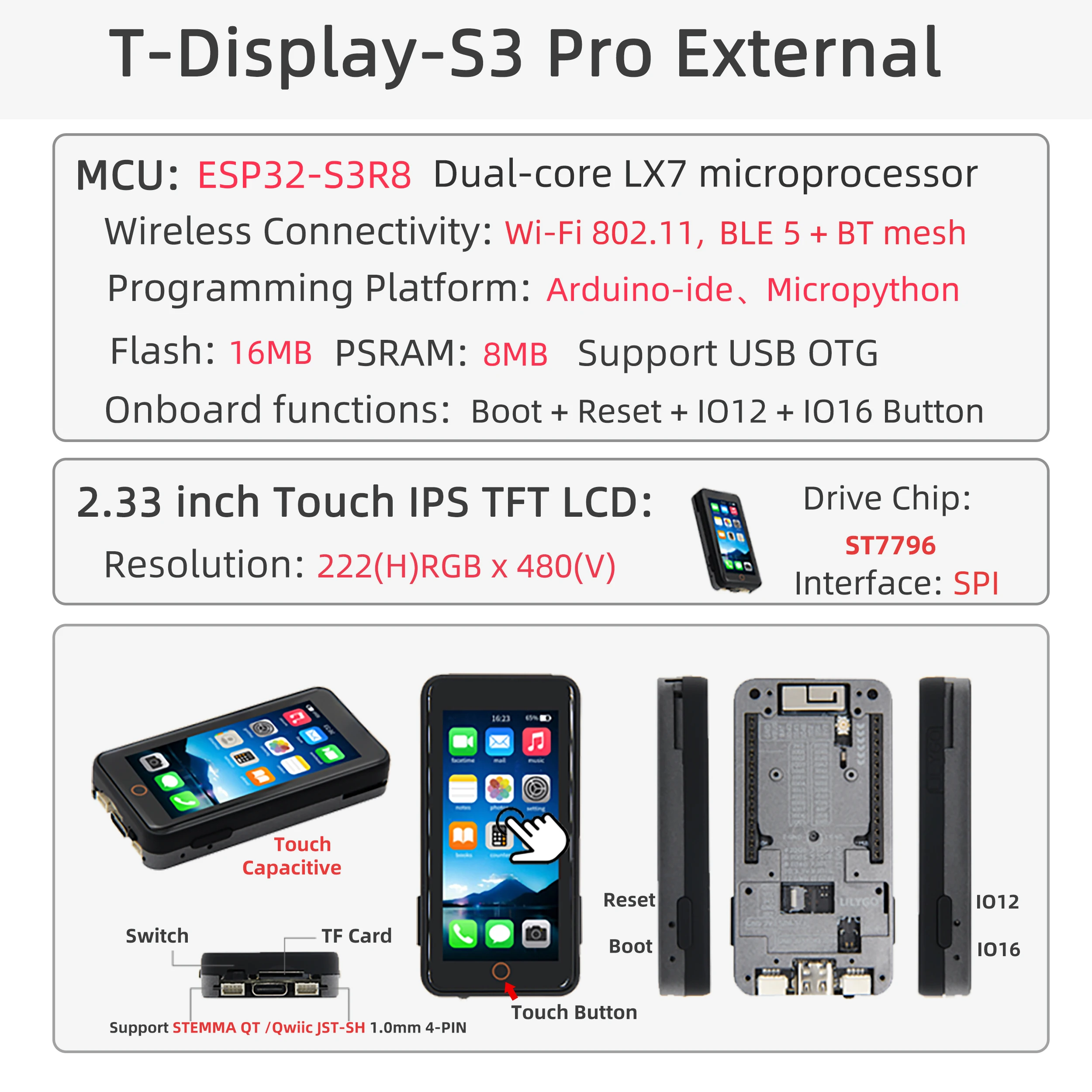 ® T-Display-S3-Pro ESP32-S3 Touch Display 2.33-inch LCD Development Board I2C Di