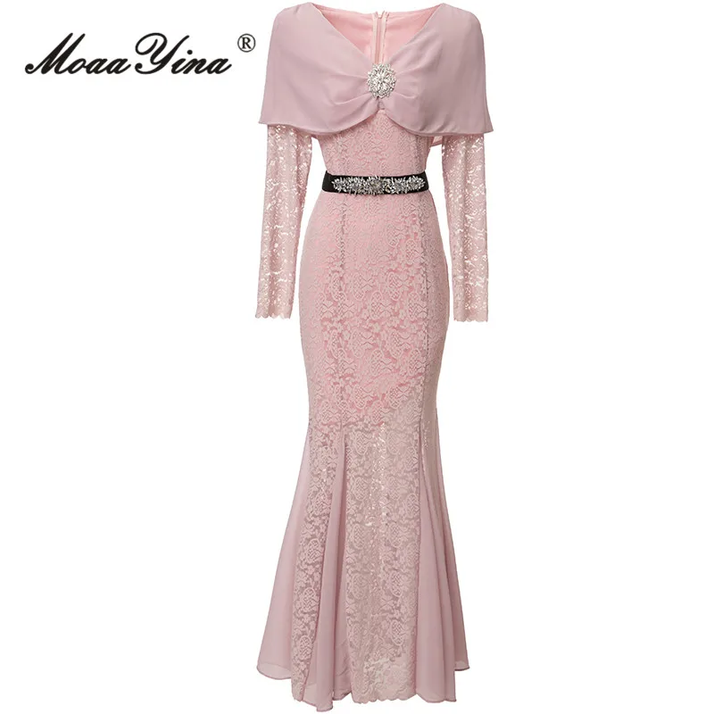

MoaaYina Spring Fashion Runway Pink Vintage Mermaid Dress Women V Neck Embroidery Diamond Sashes Package Buttock Slim Long Dress
