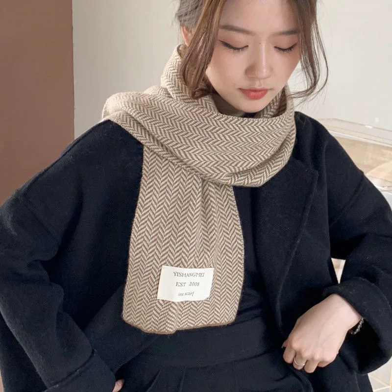 Women Winter Scarves High Quality Knitted Scarf Korean Style White Vintage Stripe Pattern Scarves Winter Outdoor Warm Scarves 6