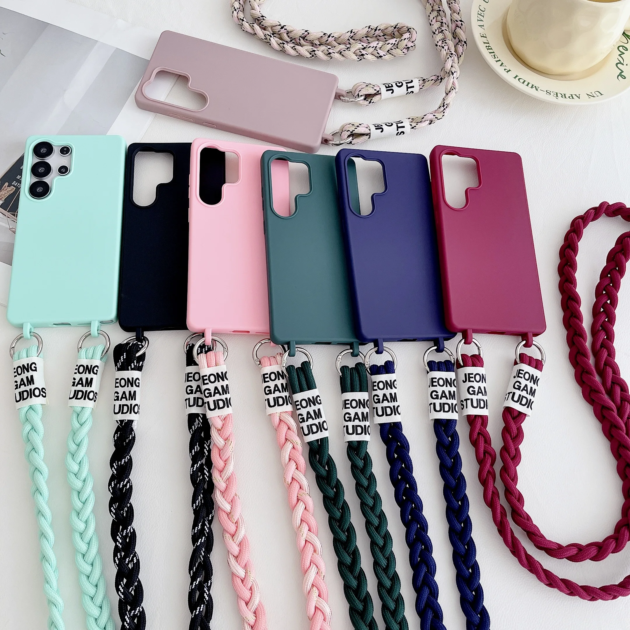 Braided Crossbody Strap Lanyard Silicone Phone Case - Candy Color Soft Cover