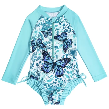 Costumi da bagno per ragazze Costume da bagno hawaiano a maniche lunghe con design a farfalla Costume da bagno intero per bambini ad asciugatura rapida 1