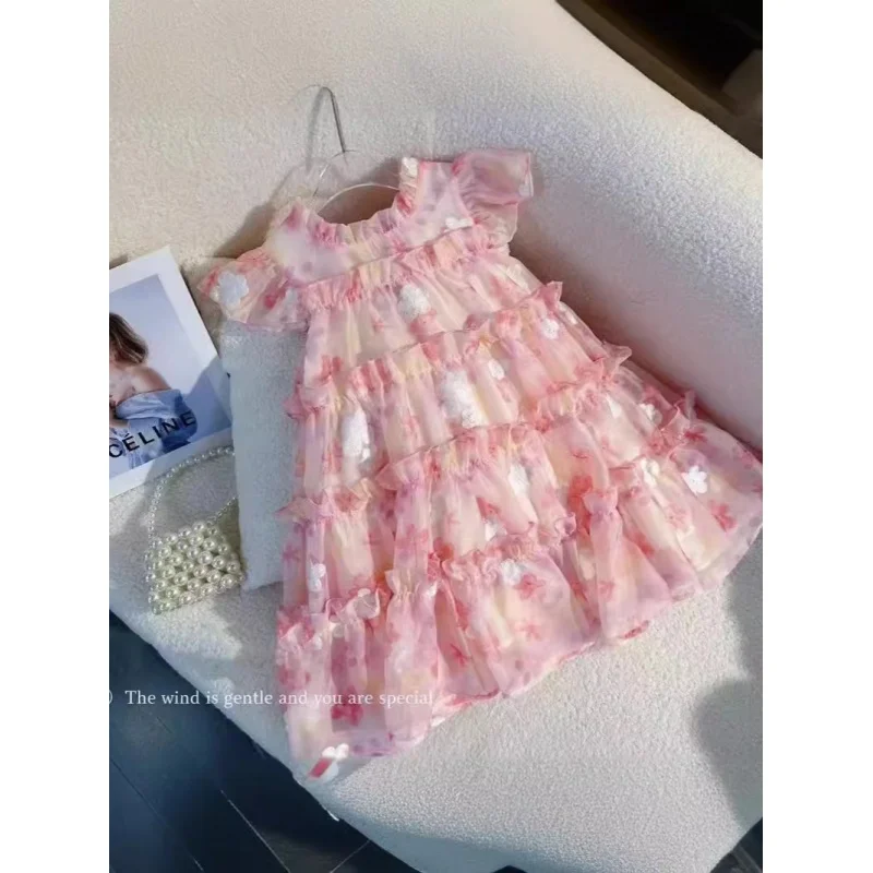 

Girls Dress Advanced Korean Style New Floral Chiffon Summer Dress Western Style Little Girl Sweet Princess