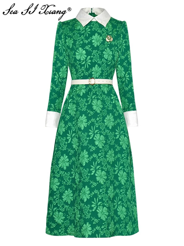 

Seasixiang Fashion Designer Spring Jacquard Dress Women Turn-down Collar Long Sleeves Brooch Belt Vintage Midi Dresses