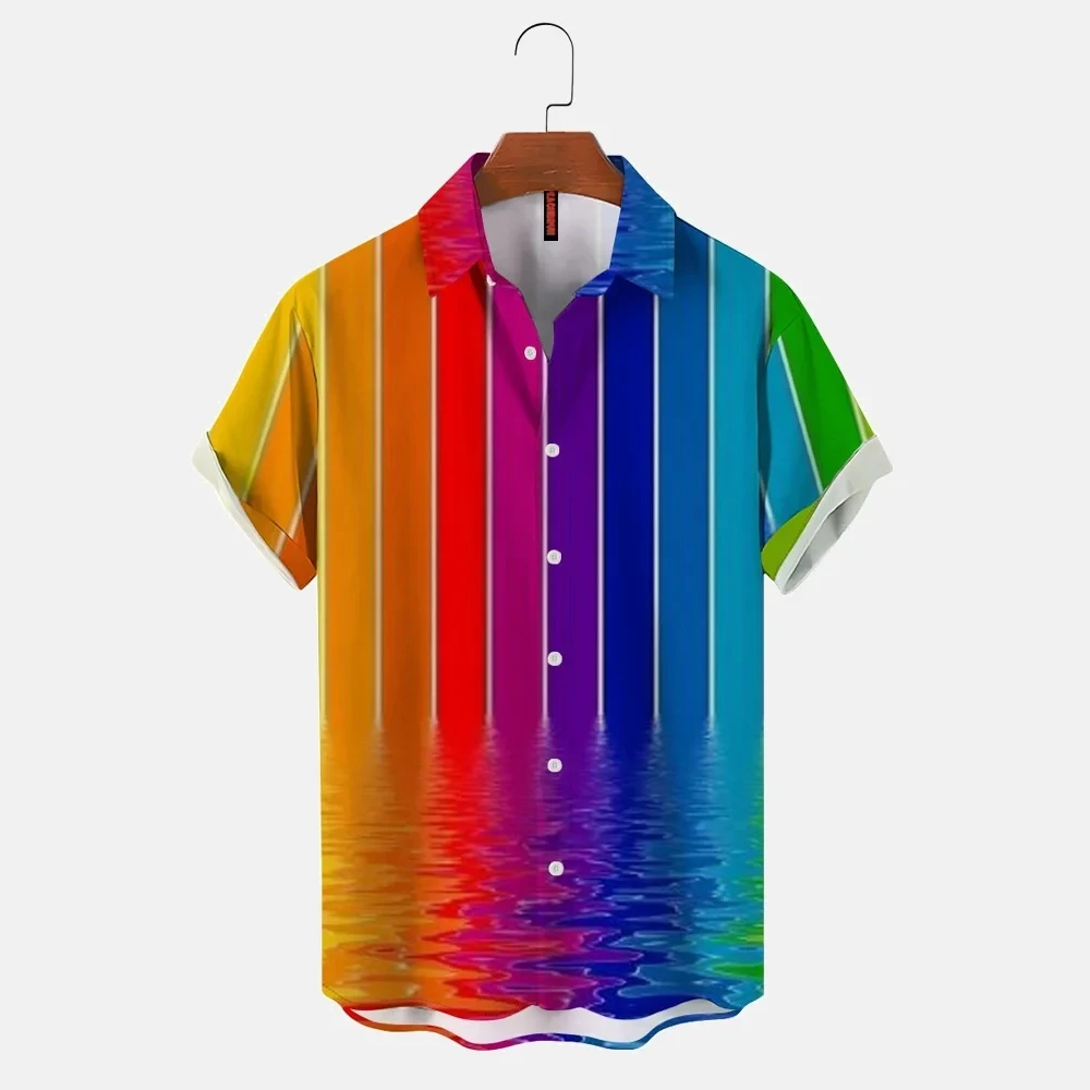 

Мужская рубашка с радужными волнами, летняя рубашка с воротником на пуговицах, Повседневная многоцветная рубашка с радужными лацканами, уличный курортный принт, Clo